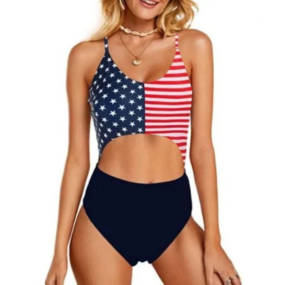 AMERICANA FLAG PRINT CUT OUT ONE PIECE SWIMSUIT